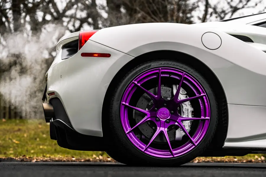 Purple forged wheel on a white Ferrari 488